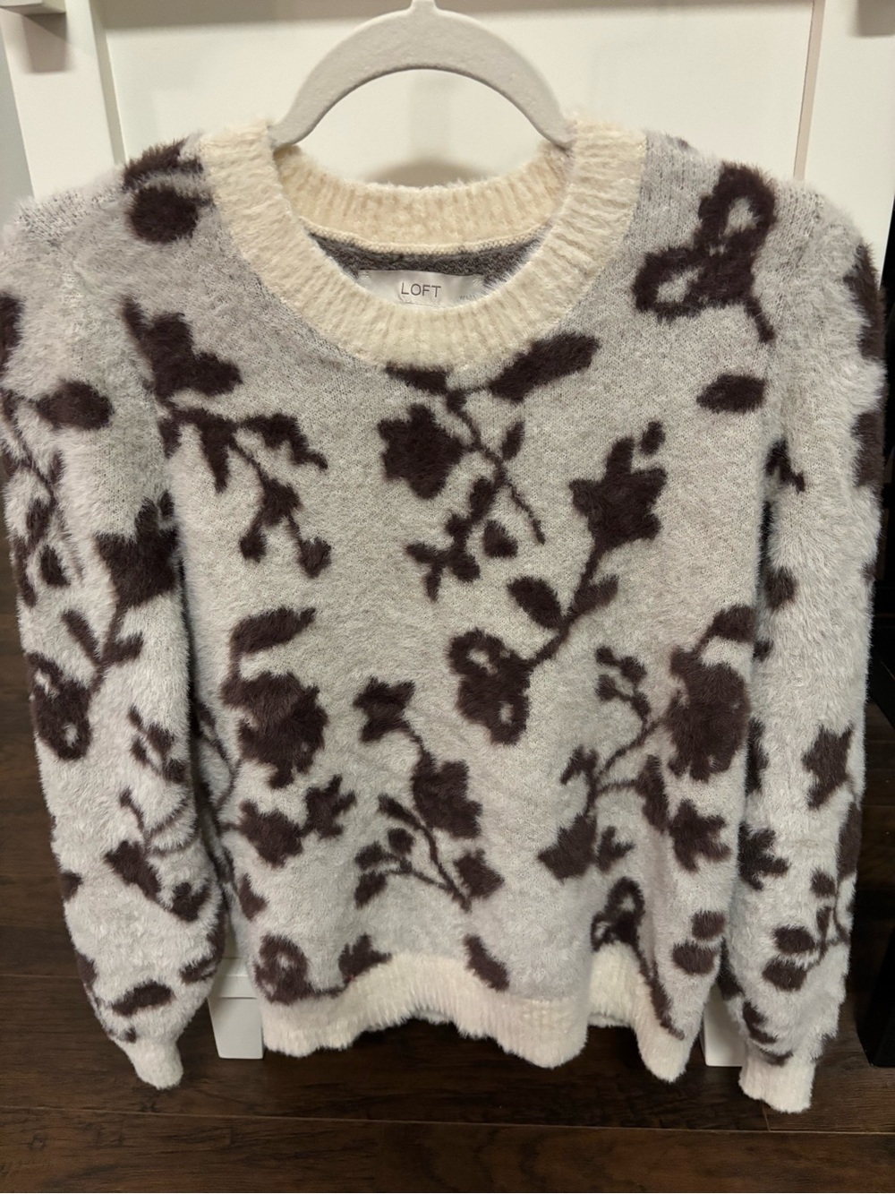 LOFT Cream Fuzzy Crewneck Sweater with Brown Floral Print